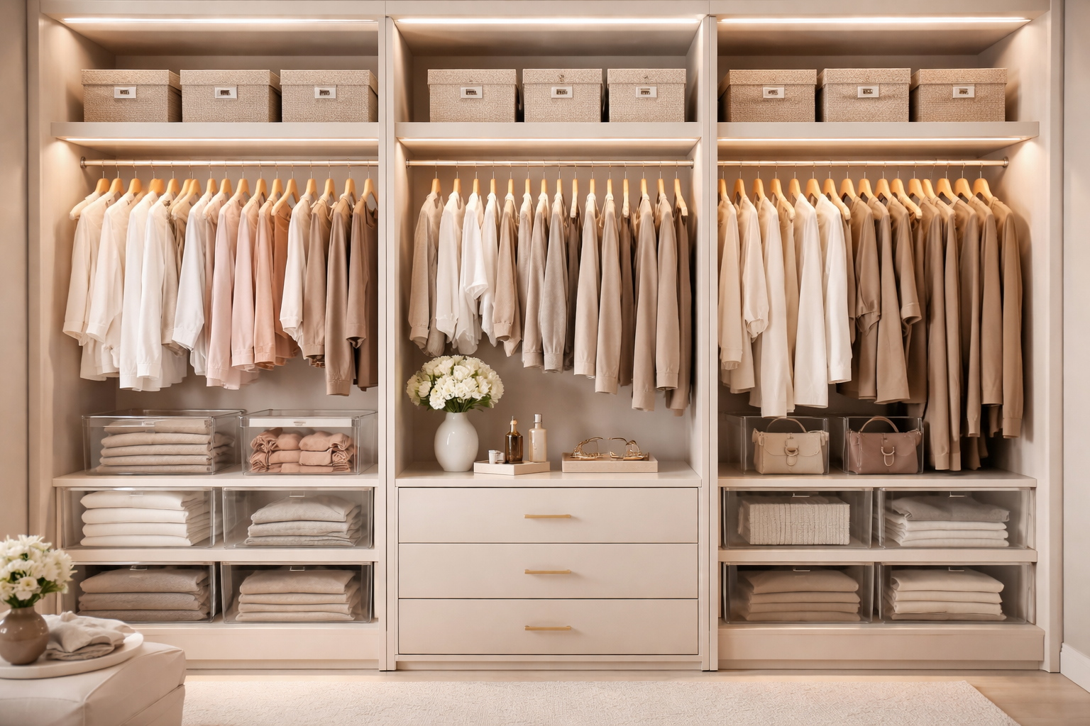 Closet residencial de luxo organizado por cores com cabides padronizados e caixas transparentes - Método Arrumelar.