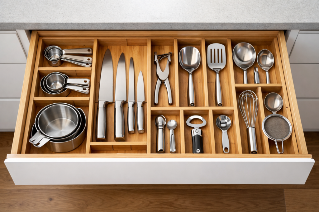 Gaveta de cozinha de luxo com divisórias de bambu organizando utensílios - Método Arrumelar.