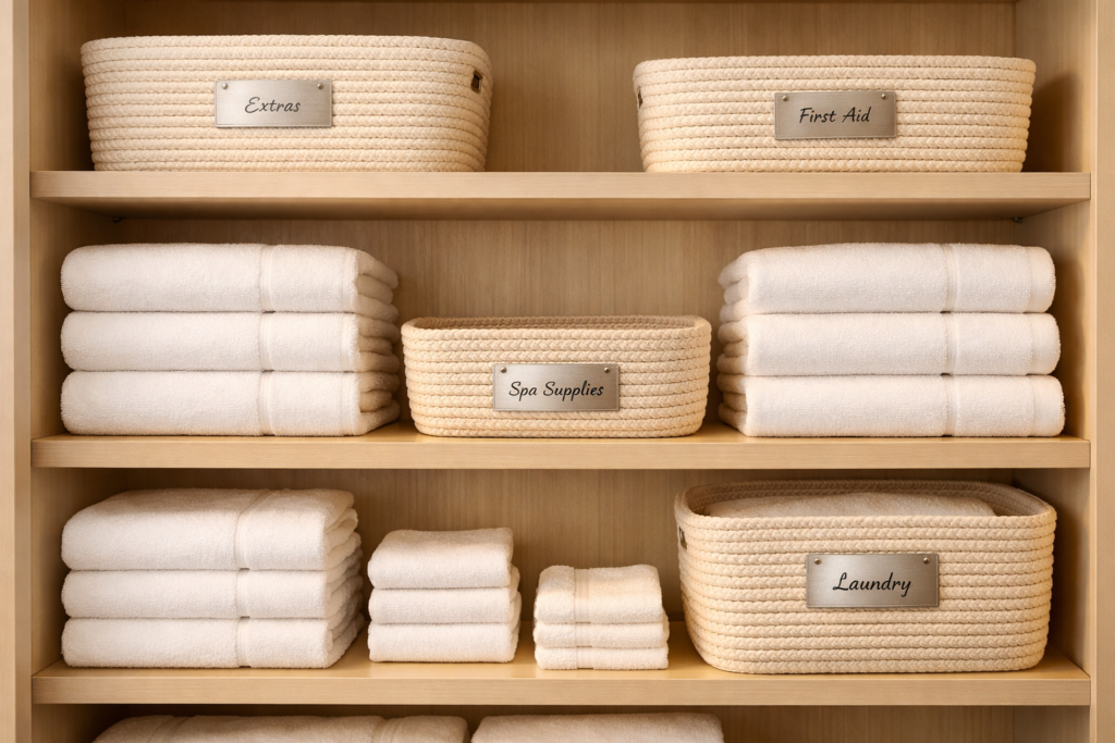 Prateleiras de rouparia de closet minimalista com toalhas dobradas de forma uniforme - Organização Premium Osasco.
